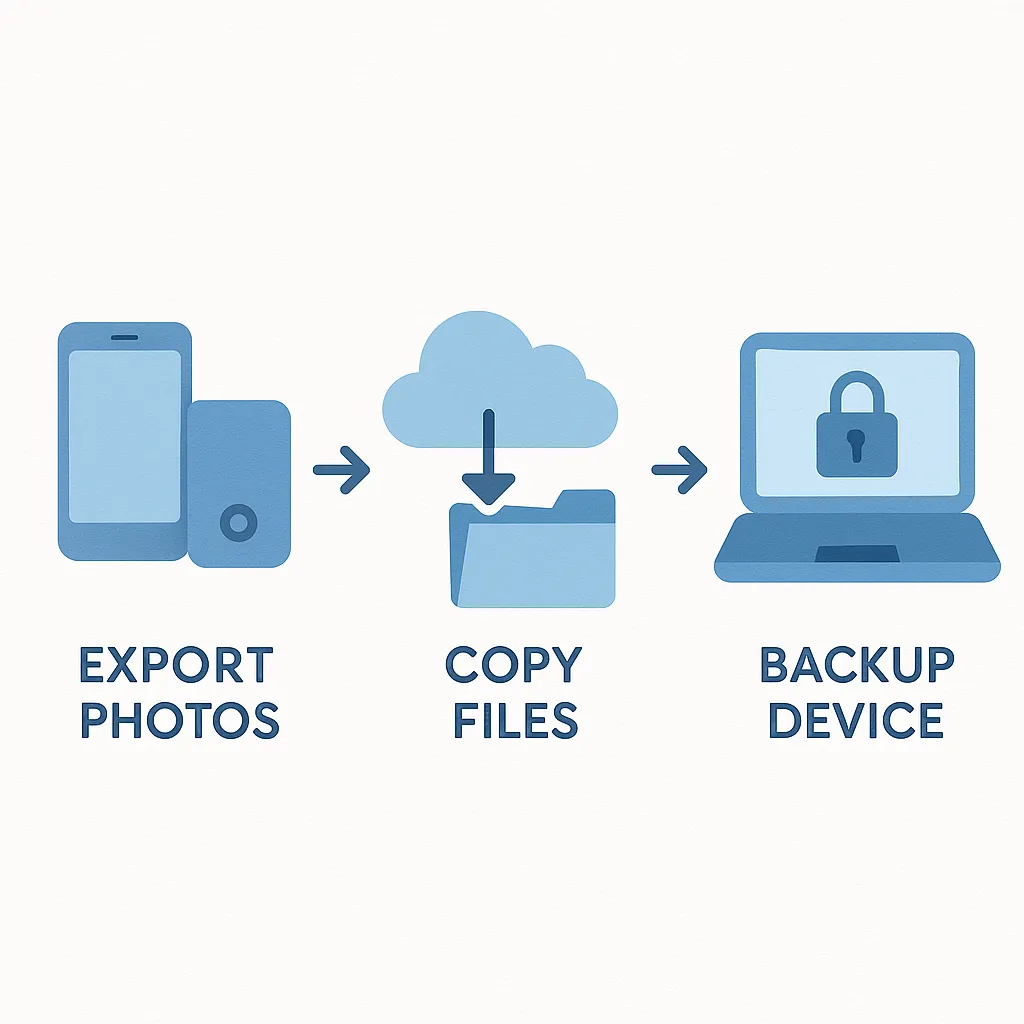 Blue minimalist three-step infographic: export photos, copy files, backup device.