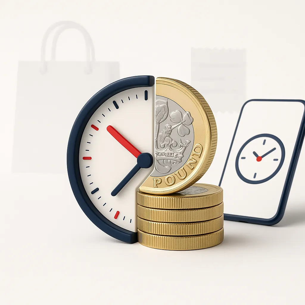 Half clock, half UK pound coin beside stacked coins, phone, and faint bag and receipt.