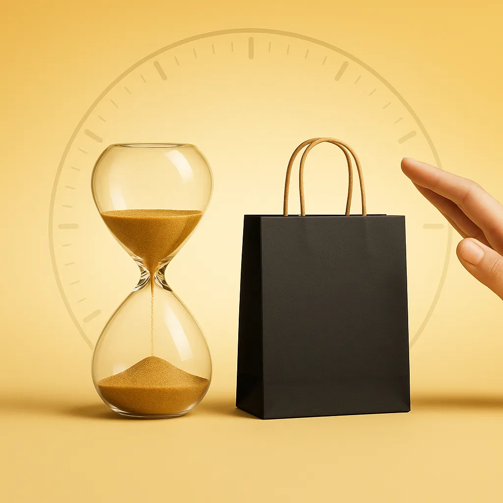 Hourglass with golden sand and black shopping bag on warm yellow background; hand pausing.