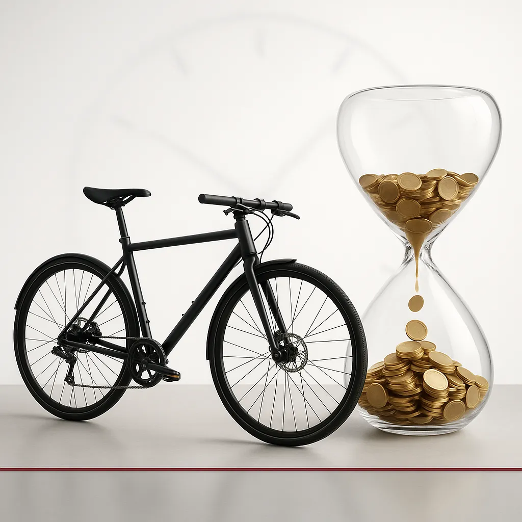 Matte black commuter bike beside glass hourglass of gold coins on white, minimalist studio.