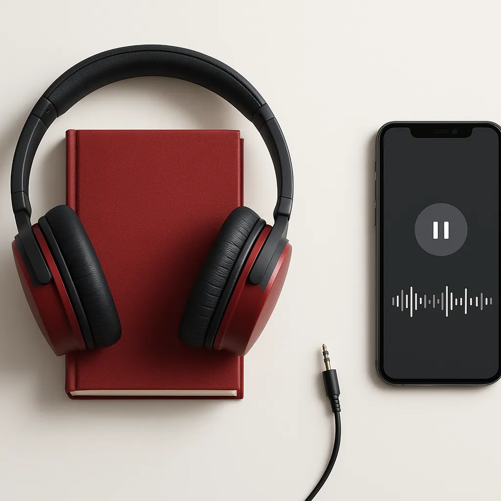 Red headphones on a book; phone with paused waveform