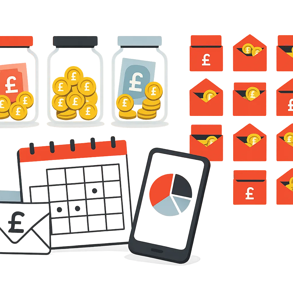 Split UK budgeting illustration: jars and envelopes