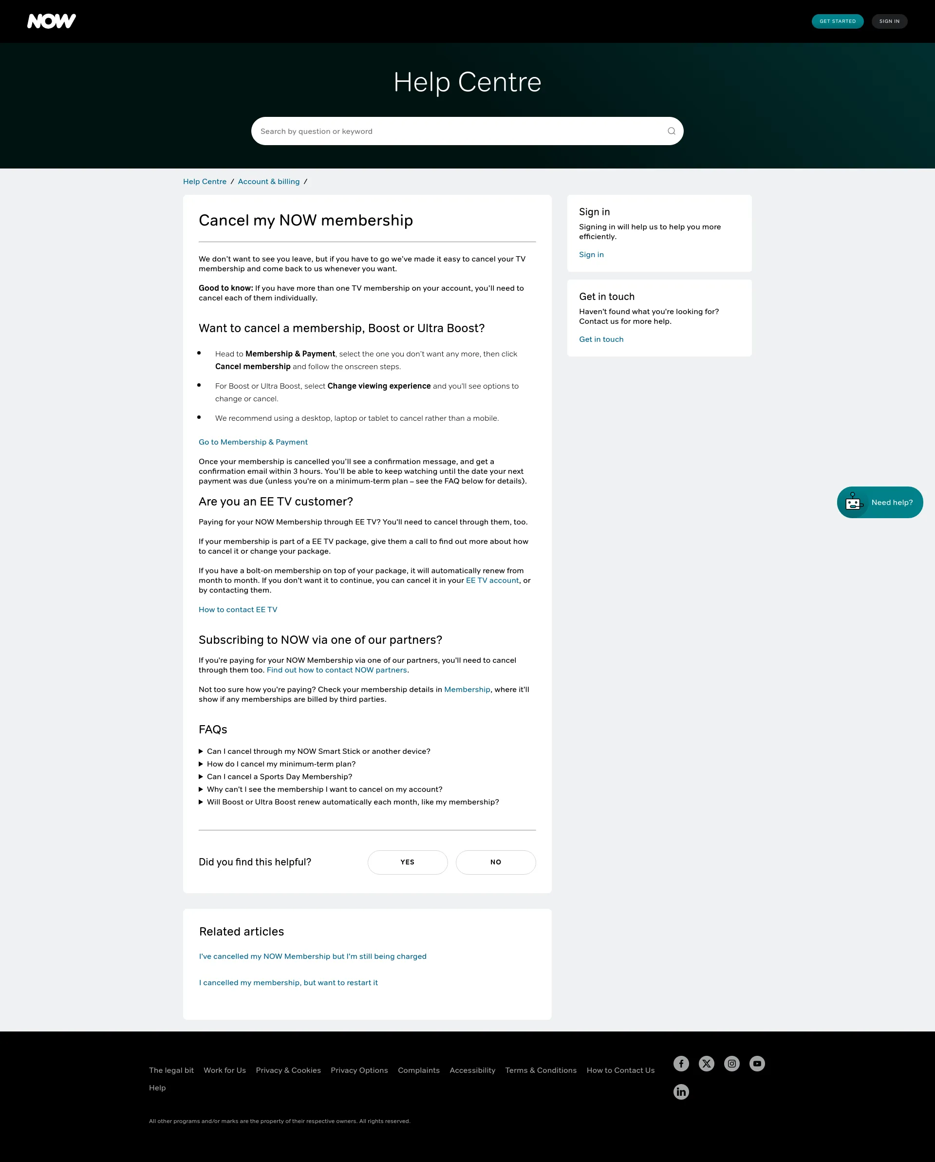 Screenshot of nowtv.com Help Centre article about cancellation